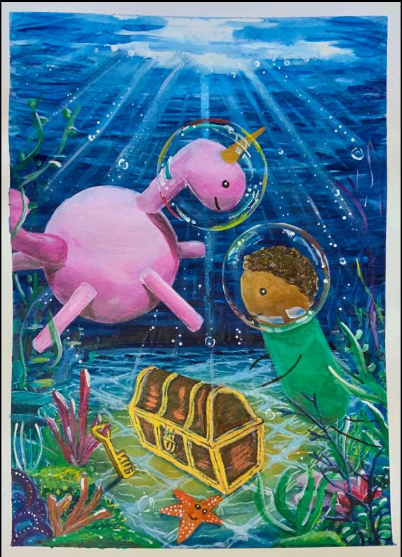 宝琳·史密斯的艺术作品描绘了两个生物在水下寻找一个宝箱